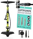 AARON Sport One Fahrrad Standpumpe mit Manometer für alle Ventile | Hochdruck Fahrradpumpe inkl. Ball Aufsatz | Luftpumpe für E-Bike, Mountainbike, Rennrad UVM. Gelb