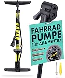 AARON Sport One Fahrrad Standpumpe mit Manometer für alle Ventile | Hochdruck Fahrradpumpe inkl. Ball Aufsatz | Luftpumpe für E-Bike, Mountainbike, Rennrad UVM. Gelb